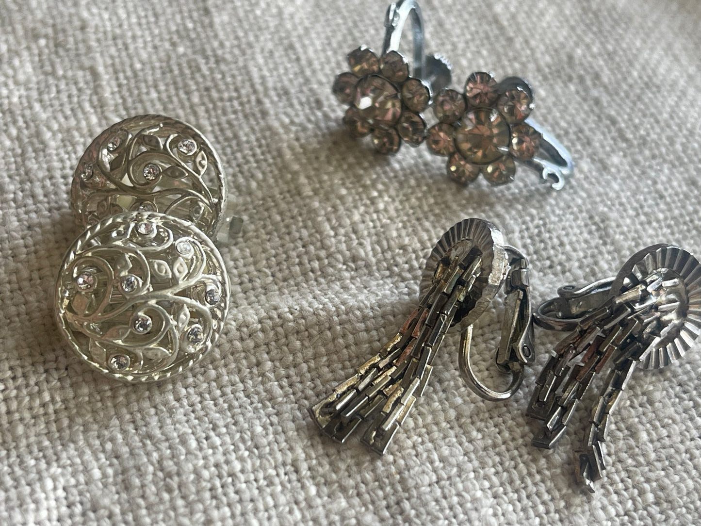 Vintage Rhinestone Clip-On Earrings – Set of 3 (Silver Tone Mix)