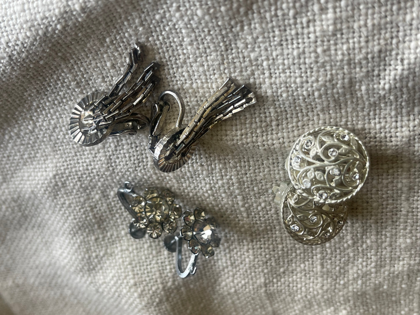 Vintage Rhinestone Clip-On Earrings – Set of 3 (Silver Tone Mix)