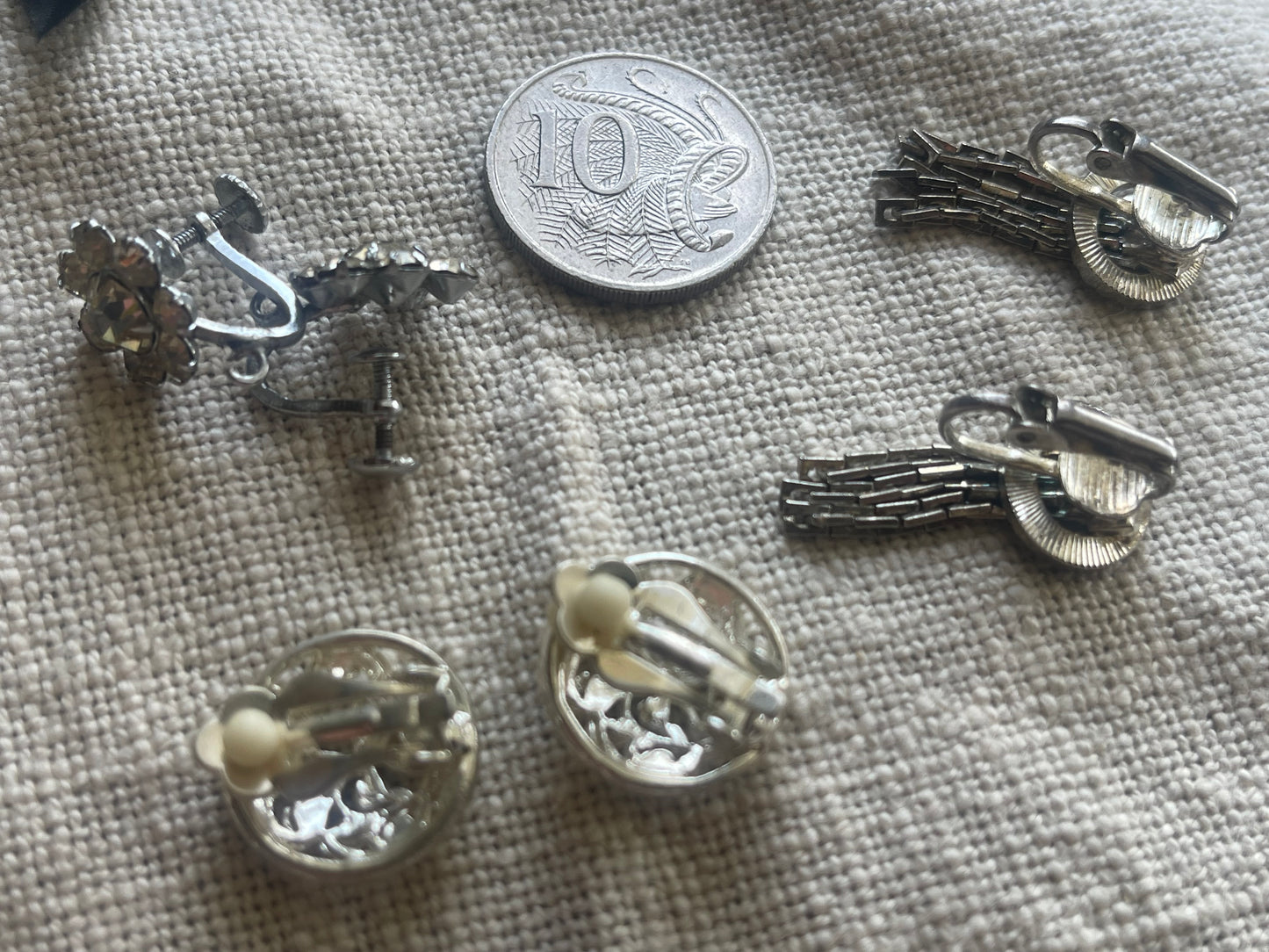 Vintage Rhinestone Clip-On Earrings – Set of 3 (Silver Tone Mix)