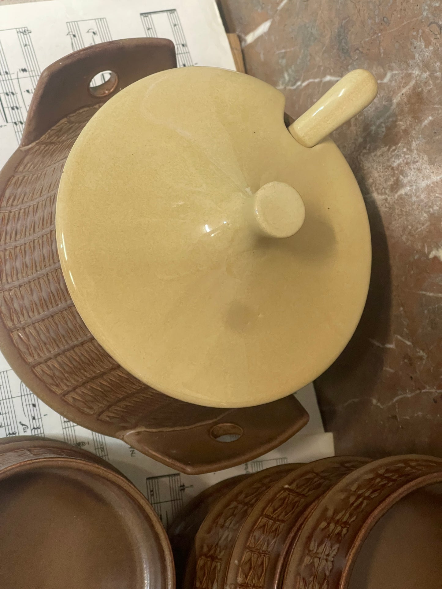 Vintage Japanese Stoneware Soup Tureen with 6 Bowls & Ladle