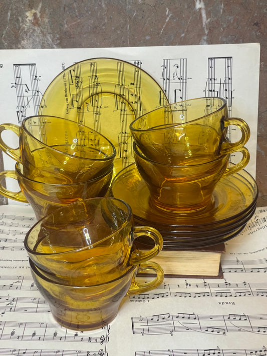 Vintage Amber Glass Teacup & Saucer Set (6) 1970s