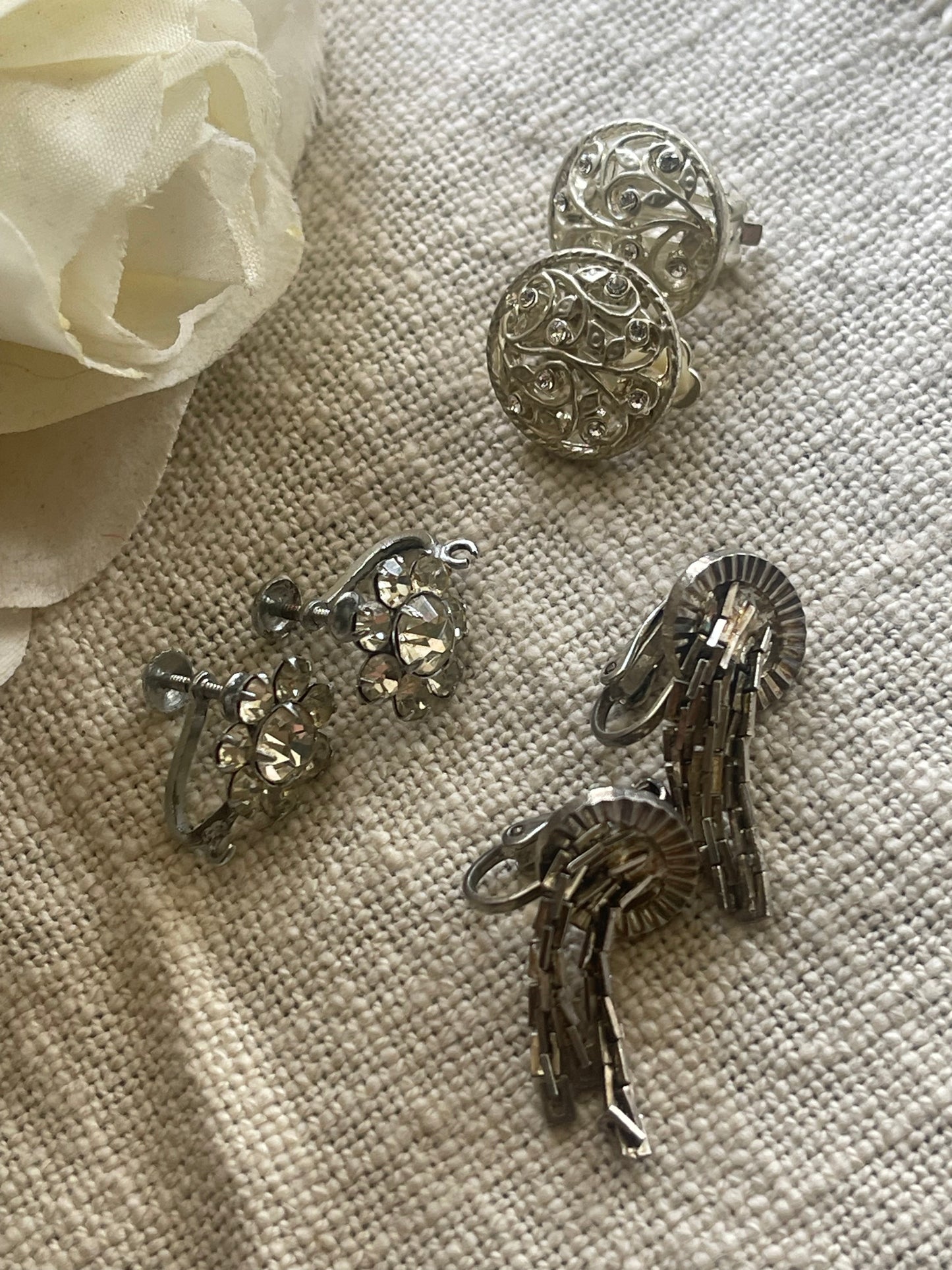 Vintage Rhinestone Clip-On Earrings – Set of 3 (Silver Tone Mix)