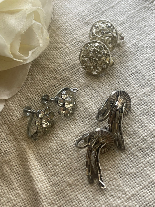 Vintage Rhinestone Clip-On Earrings – Set of 3 (Silver Tone Mix)