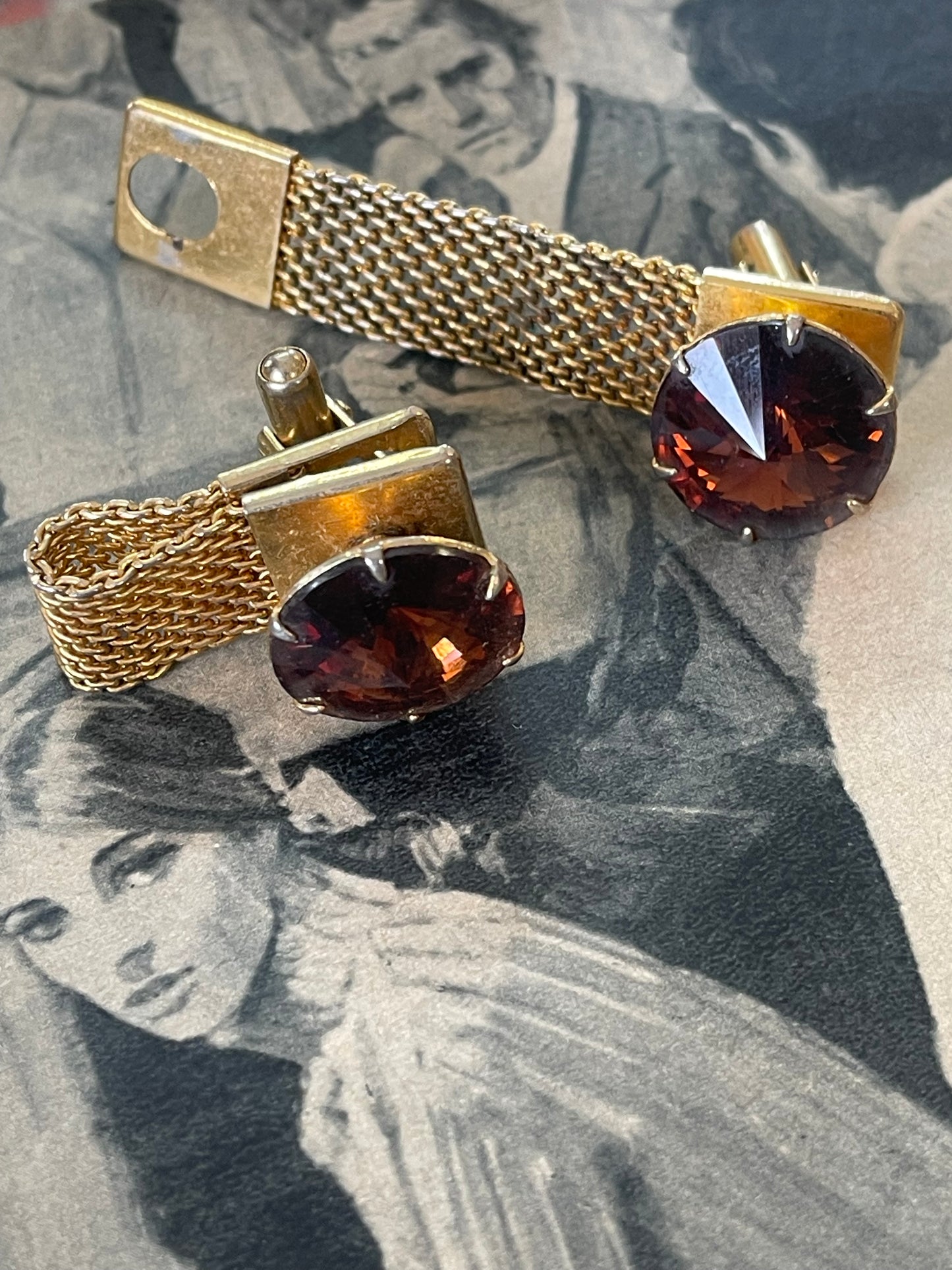 Vintage gold tone cuff links and with topaz style glass