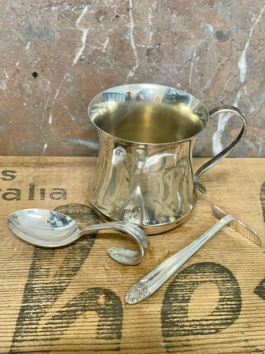 Vintage silver plate baby gift, mug, spoon and food pusher