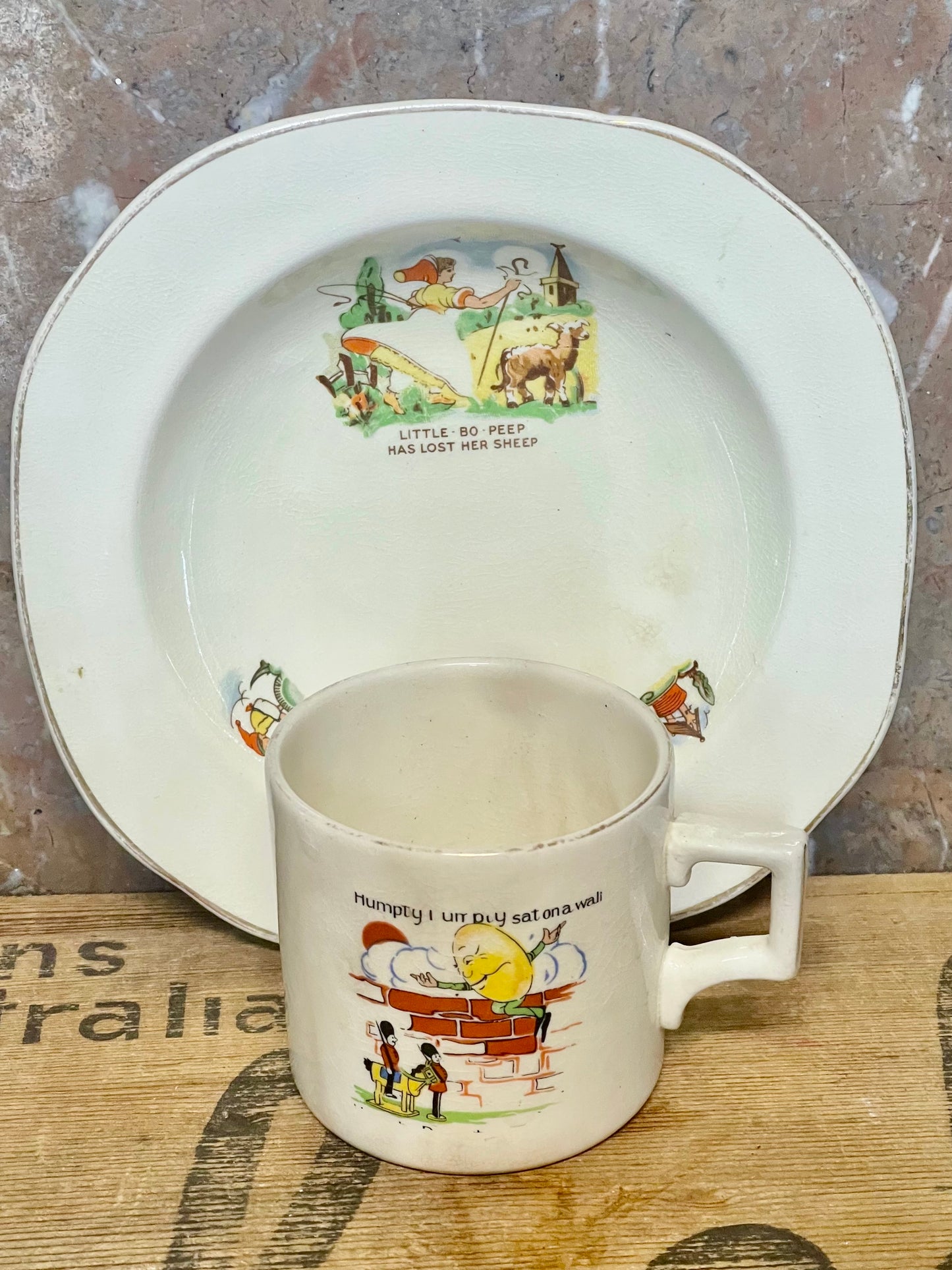 Antique Bilton’s Nursery Rhyme Child’s Mug & Bowl Set – Little Bo Peep & Humpty Dumpty (England, c.1930s–40s))