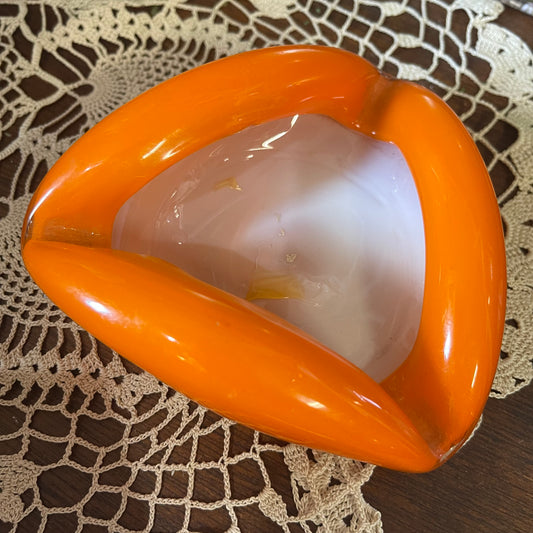 Handblown Orange Murano-Style Art Glass Bowl — Mid-Century Sculptural Dish or Ashtray