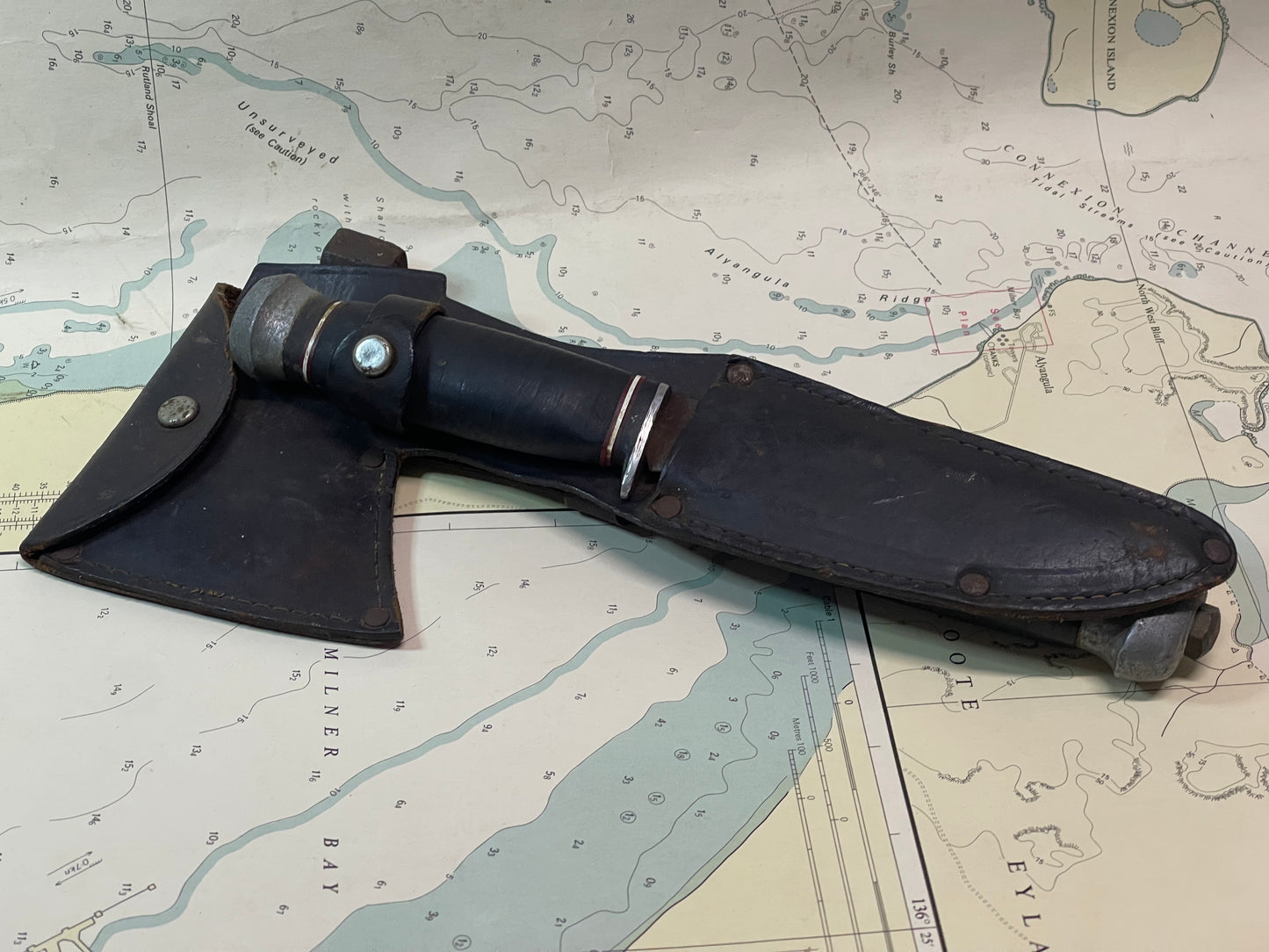Vintage Military Field Hatchet & Knife Set with Leather Sheath (c.1940s–50s)