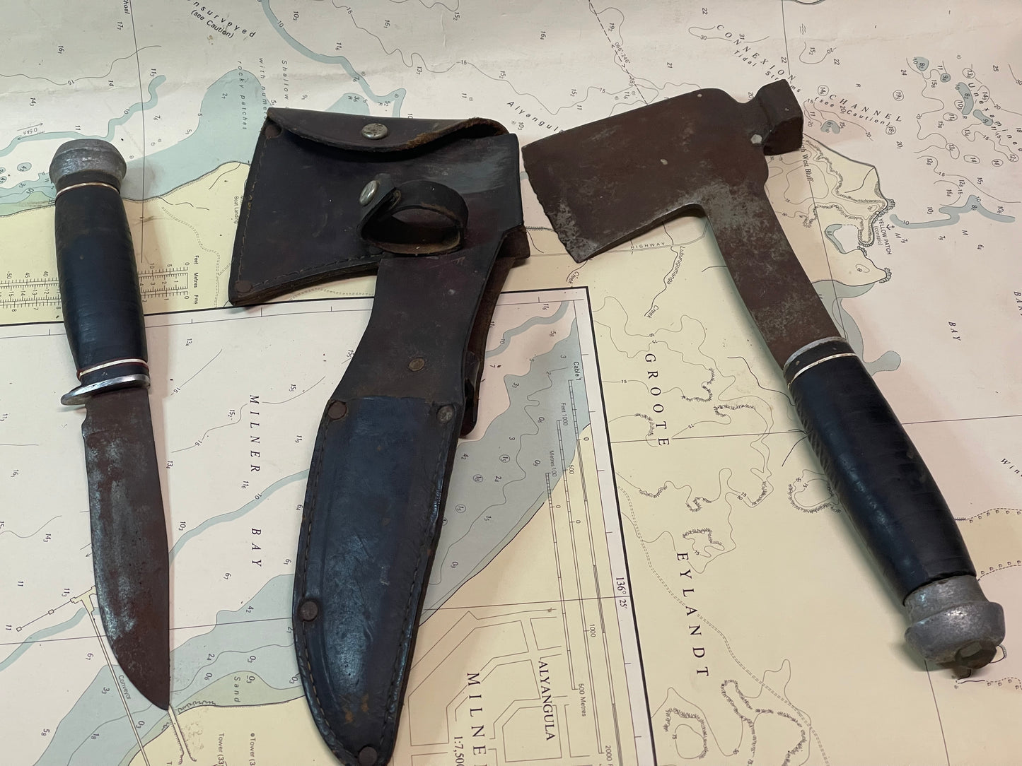 Vintage Military Field Hatchet & Knife Set with Leather Sheath (c.1940s–50s)