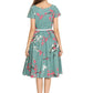 Turquoise Green with Pink & White Blossom Scoop Neck Vintage Style Dress with Sleeves