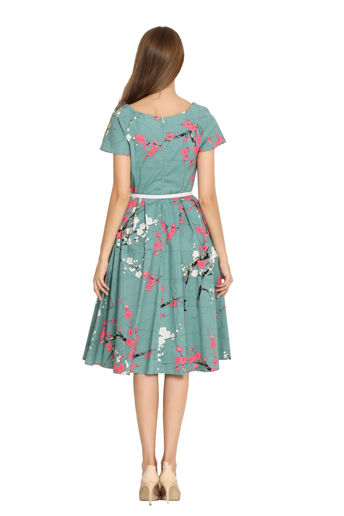 Turquoise Green with Pink & White Blossom Scoop Neck Vintage Style Dress with Sleeves