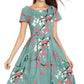 Turquoise Green with Pink & White Blossom Scoop Neck Vintage Style Dress with Sleeves