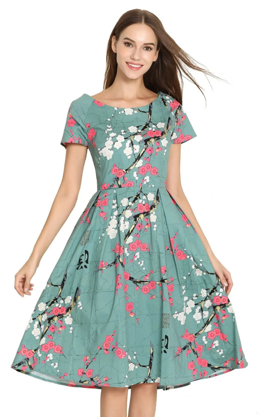 Turquoise Green with Pink & White Blossom Scoop Neck Vintage Style Dress with Sleeves