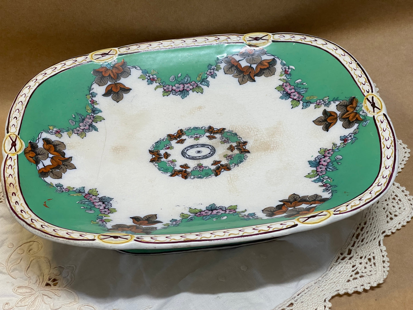Antique Footed Serving Dish – Green & Floral (c.1920s–30s)