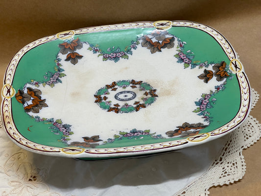Antique Footed Serving Dish – Green & Floral (c.1920s–30s)