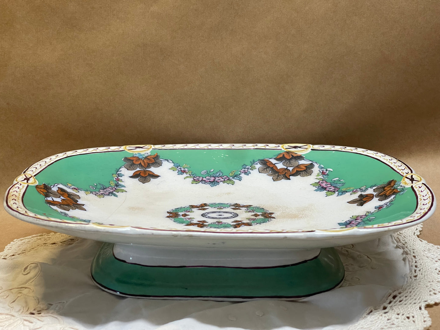 Antique Footed Serving Dish – Green & Floral (c.1920s–30s)