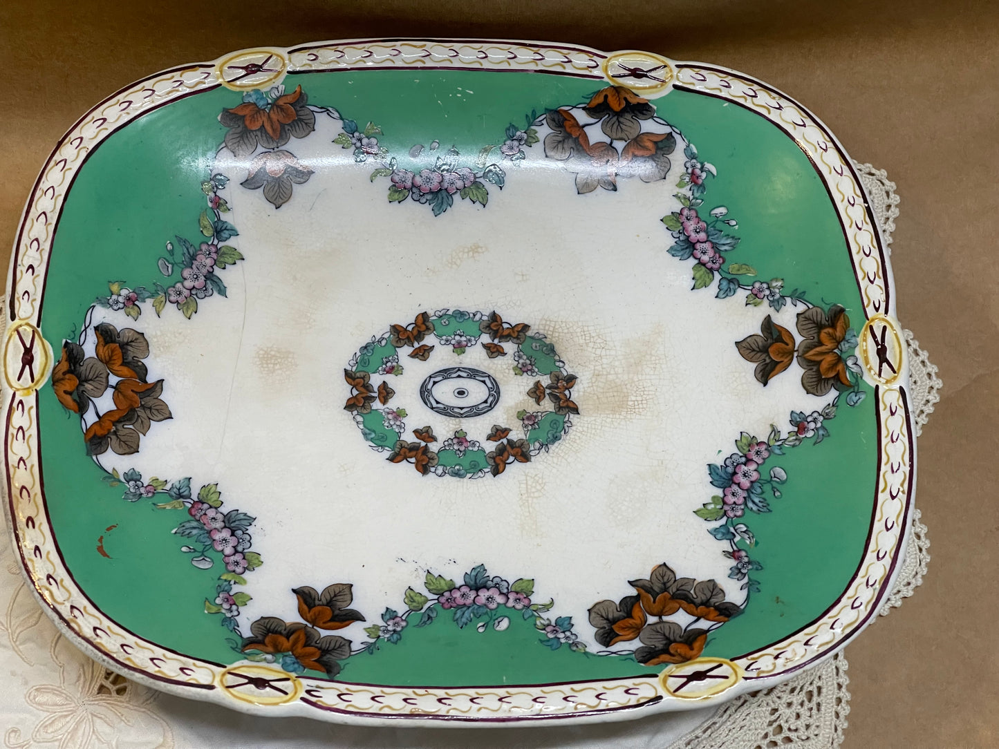 Antique Footed Serving Dish – Green & Floral (c.1920s–30s)