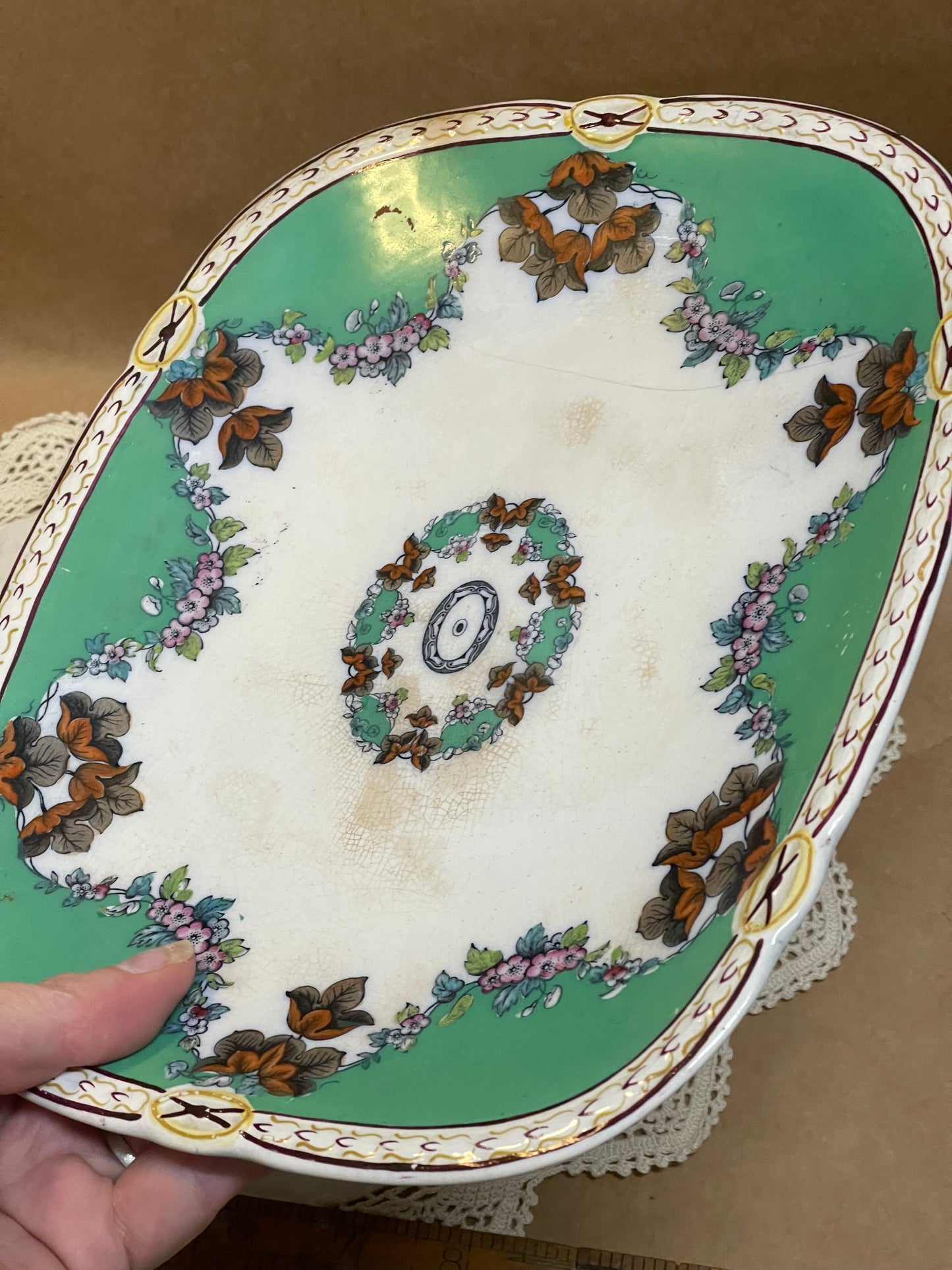 Antique Footed Serving Dish – Green & Floral (c.1920s–30s)