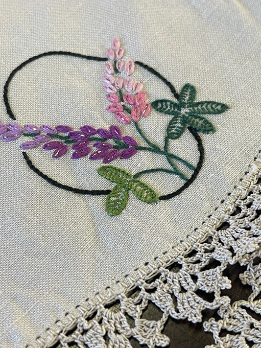 Vintage Hand-Embroidered Linen Doily Set with Crochet Edging