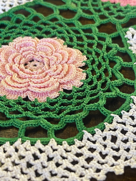 Vintage Hand-Crocheted Floral Doily – Pink & Green