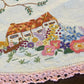 Vintage Hand-Embroidered Linen Doily with Cottage & Garden Scene