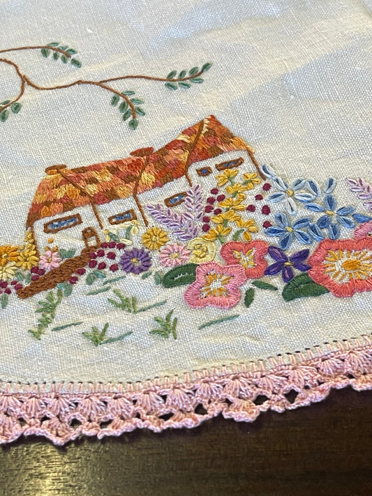 Vintage Hand-Embroidered Linen Doily with Cottage & Garden Scene
