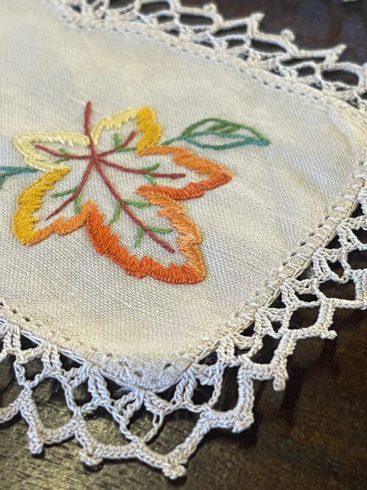 Vintage Hand-Embroidered Linen Doily Pair – Autumn Leaf Design