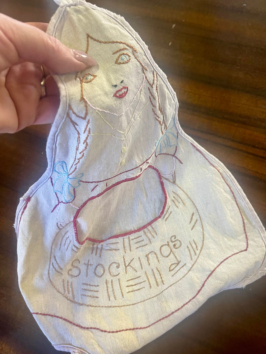 Vintage Hand-Embroidered Linen Stocking Holder – Doll Motif
