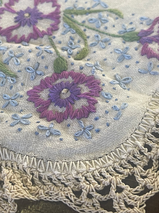 Vintage Hand-Embroidered Linen Doily – Purple & Blue Florals with Lace Edge