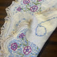 Vintage Hand-Embroidered Linen Doily – Purple & Blue Florals with Lace Edge