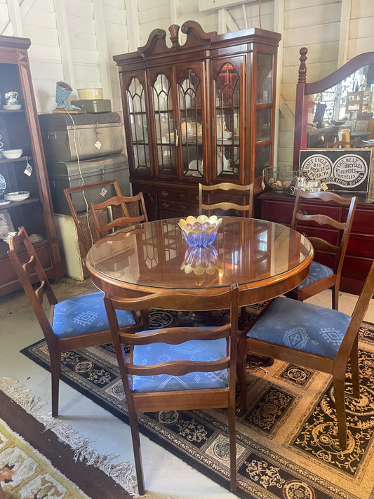 Vintage Round Rosewood Veneer Dining Table with Glass Top & Six Chairs