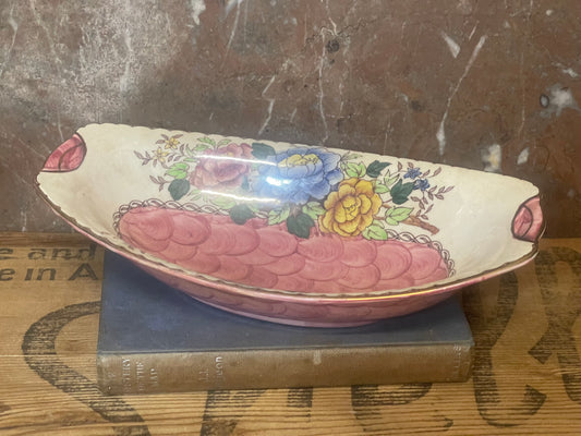 Vintage Maling Ware “Peony Rose” Oval Bowl – Hand-Painted Floral Design