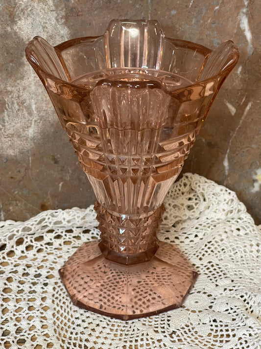 Art Deco Pink Glass Vase with Flower Frog – 21cm