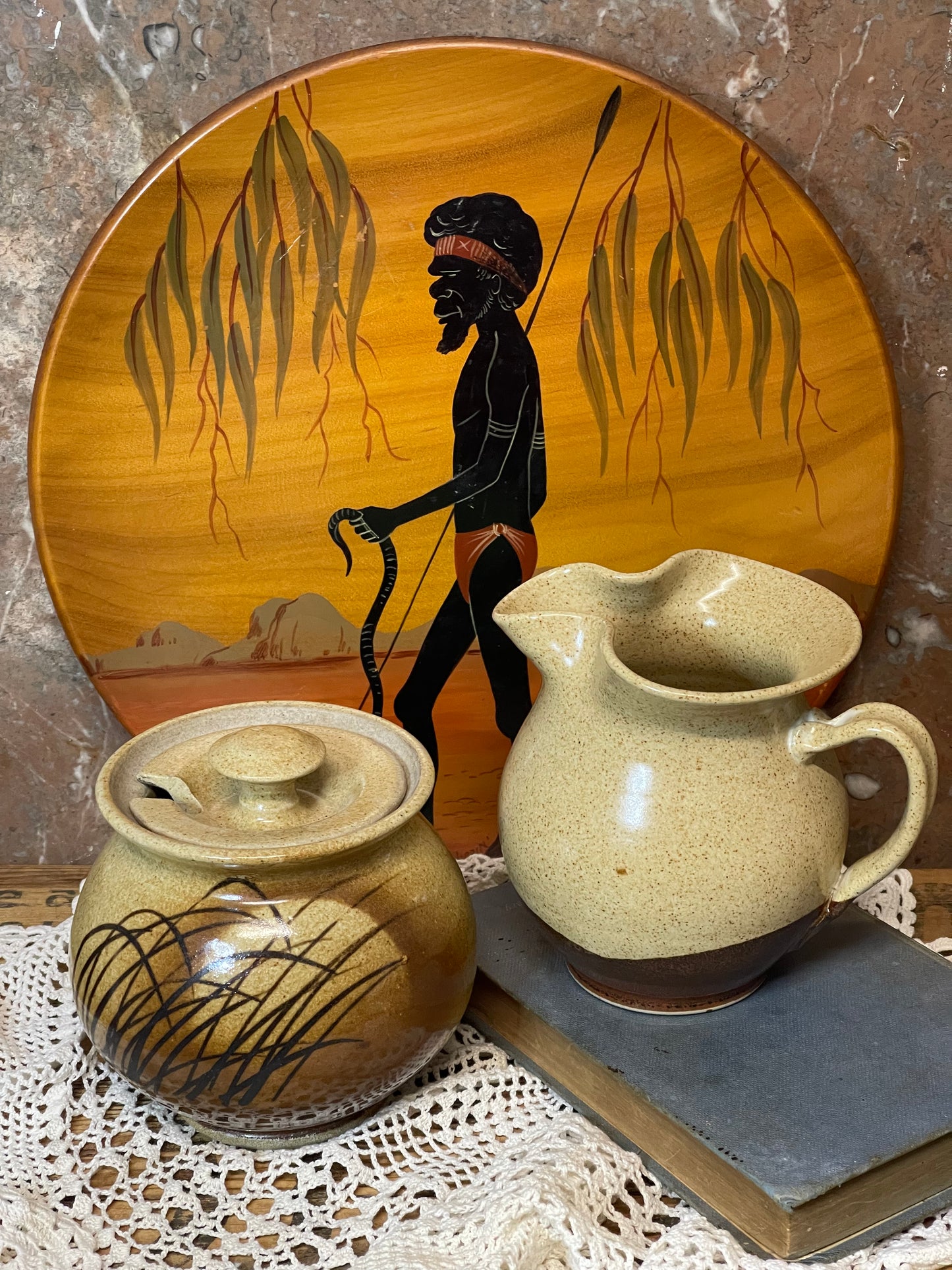 Vintage Diana Pottery Jug & Lidded Sugar Bowl – Australian Studio Pottery with Grass Motif (c.1950s–60s)