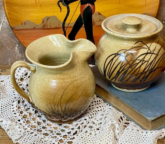 Vintage Diana Pottery Jug & Lidded Sugar Bowl – Australian Studio Pottery with Grass Motif (c.1950s–60s)
