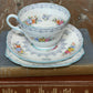 Shelley Fine Bone China Trio – “Rochester” Pattern, Floral Spray with Grey Scrollwork