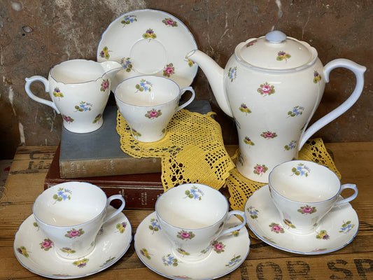 Shelley Fine Bone China Tea Set – Dainty Shape, Floral Sprays with Blue Trim