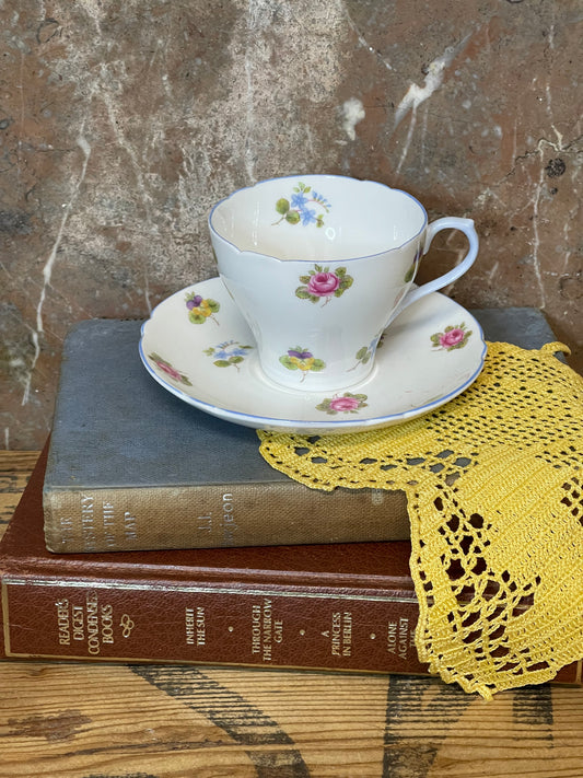 Shelley Fine Bone China Cup & Saucer – Dainty Shape, Floral Sprays with Blue Trim