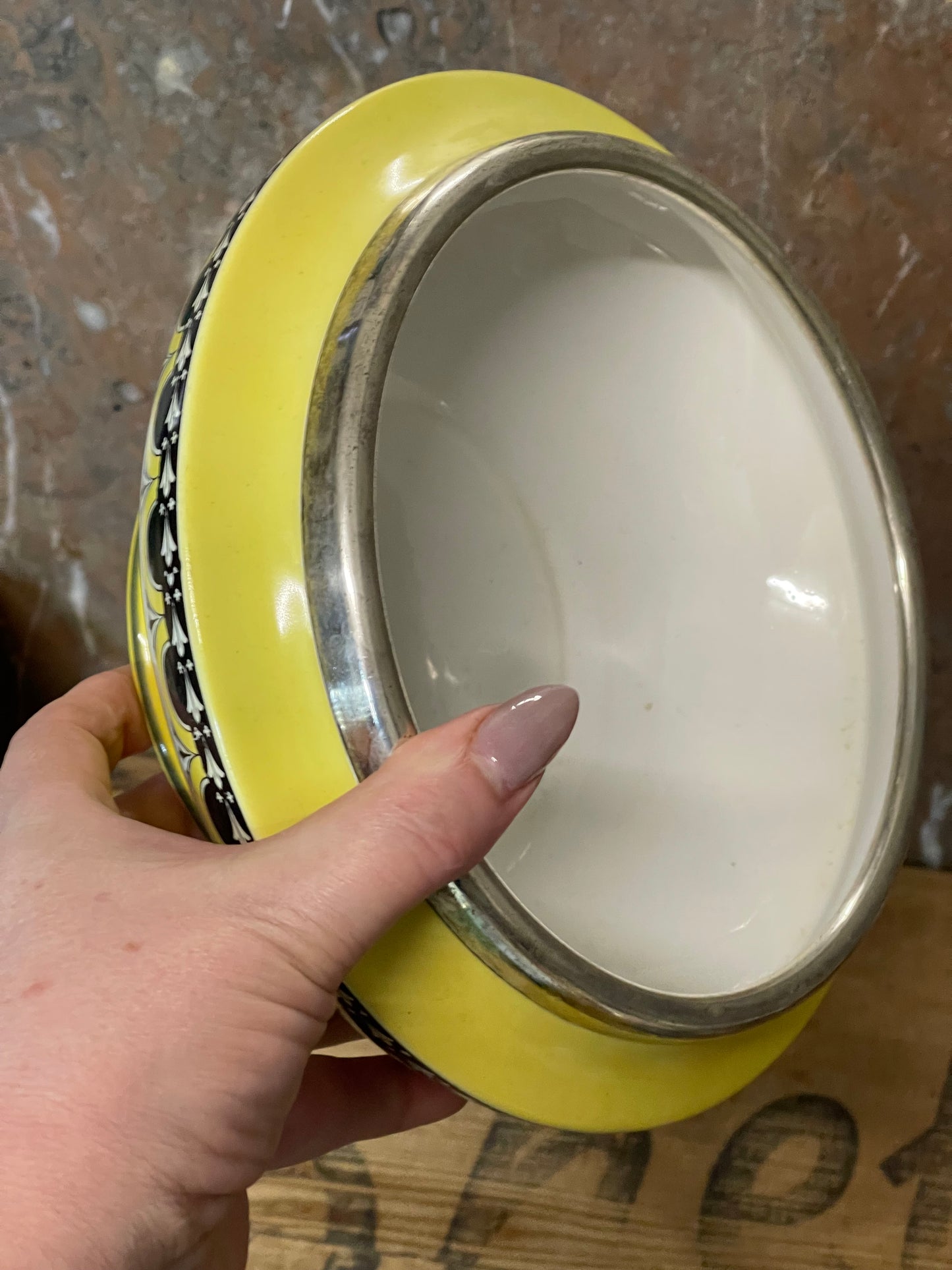 Art Deco Yellow Ceramic Bowl with Sterling Silver Rim – c.1930s
