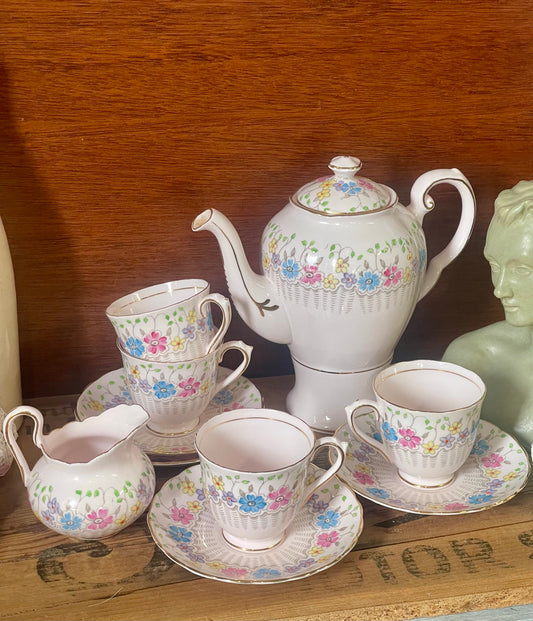 Tuscan Bone China England Pink with Multi-Colored Flowers Tea or Coffee Set