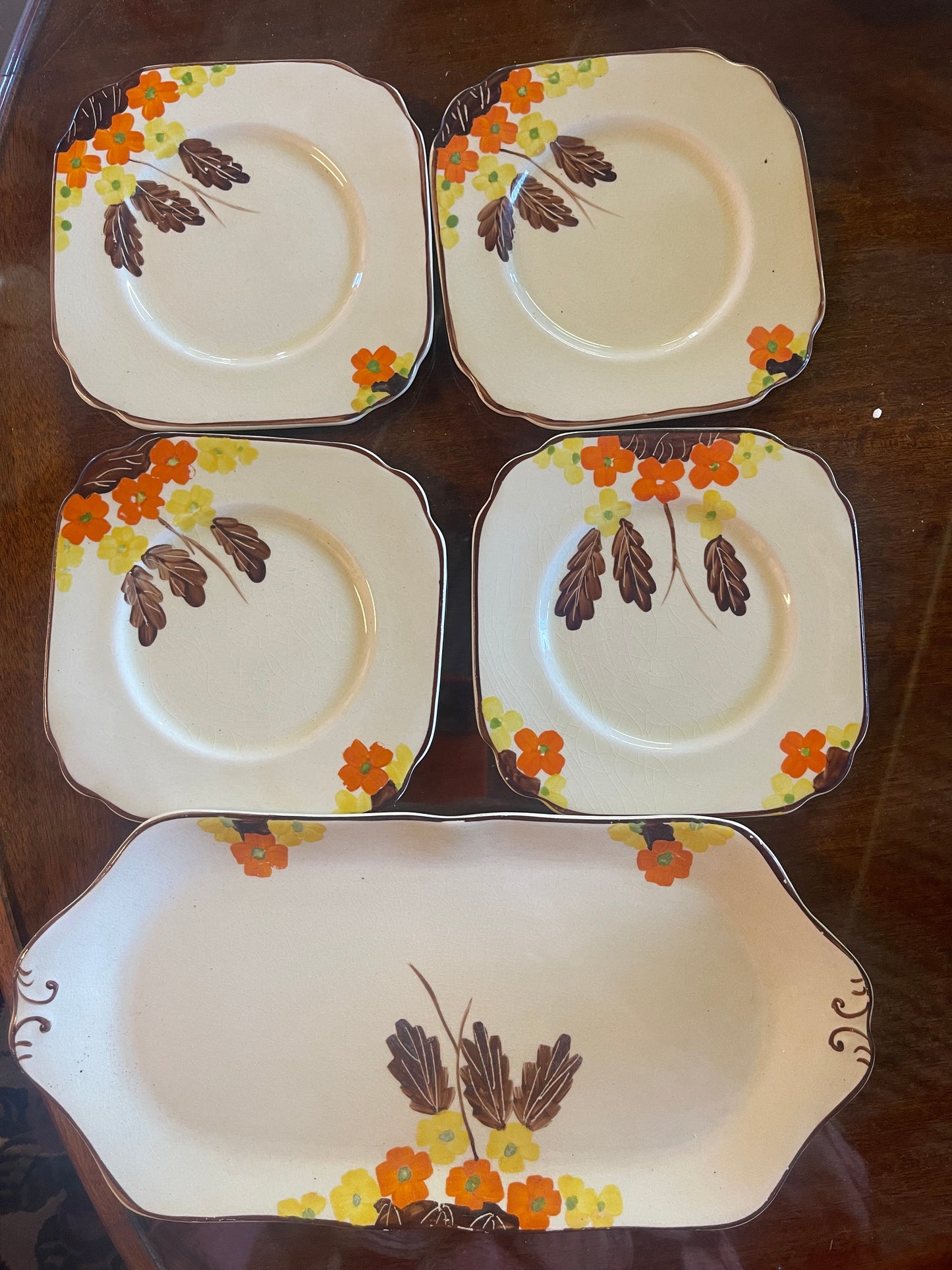 Empire Ware “Cambridge” Handcraft Sandwich Set – 1930s Serving Plate & Side Plates, Floral & Leaf Design