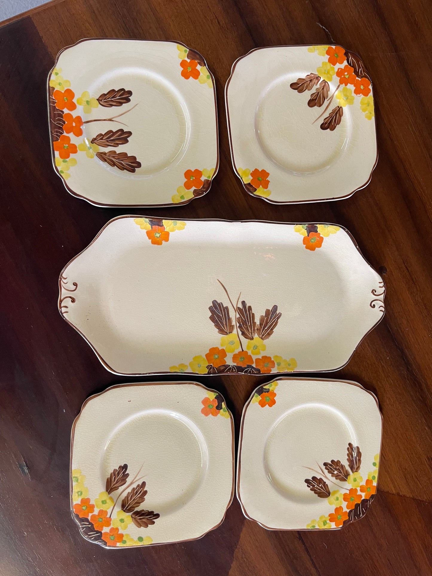 Empire Ware “Cambridge” Handcraft Sandwich Set – 1930s Serving Plate & Side Plates, Floral & Leaf Design