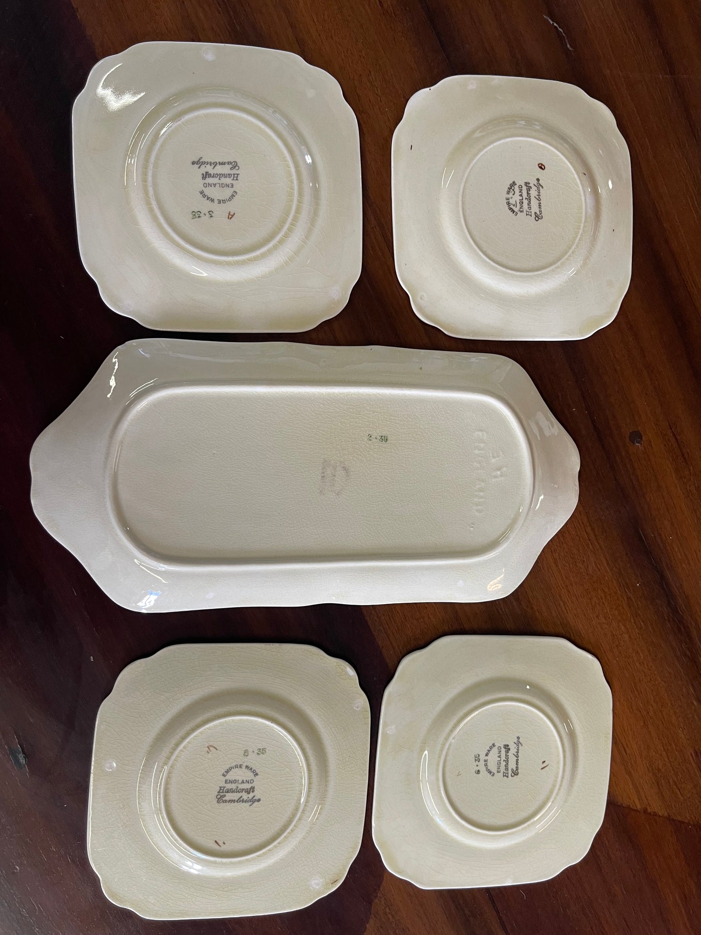 Empire Ware “Cambridge” Handcraft Sandwich Set – 1930s Serving Plate & Side Plates, Floral & Leaf Design