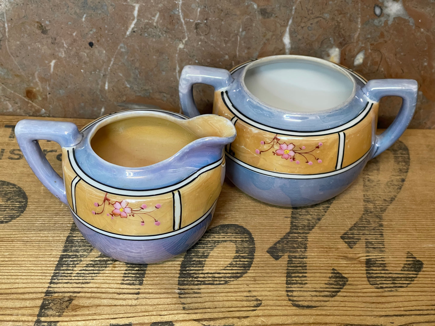 Japanese Lusterware Cream & Sugar Set – Hand-Painted with Cherry Blossoms