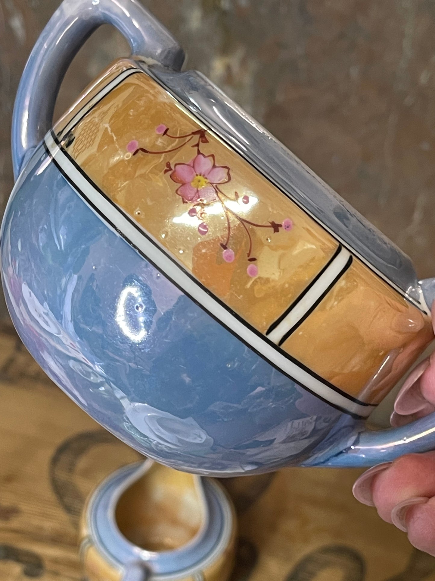 Japanese Lusterware Cream & Sugar Set – Hand-Painted with Cherry Blossoms