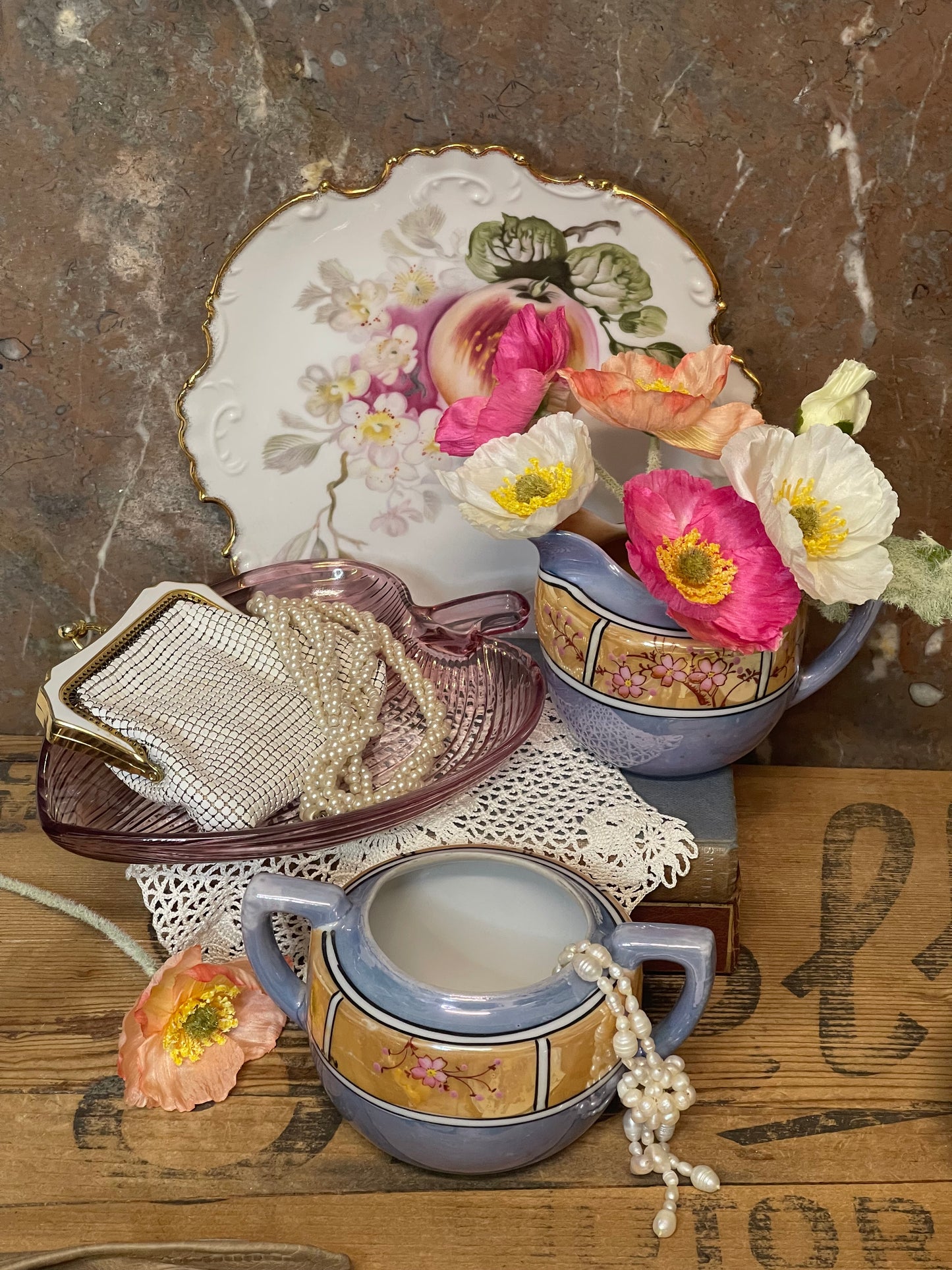Japanese Lusterware Cream & Sugar Set – Hand-Painted with Cherry Blossoms
