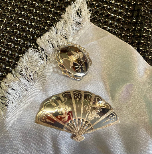 Pair of Vintage Siam Sterling Silver Niello Brooches – Fan & Round