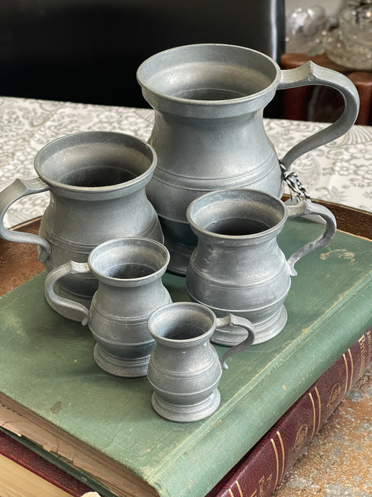 Antique Vintage Set of 5 Graduated Pewter Tankards Angel Makers Mark 2 - 5 inches