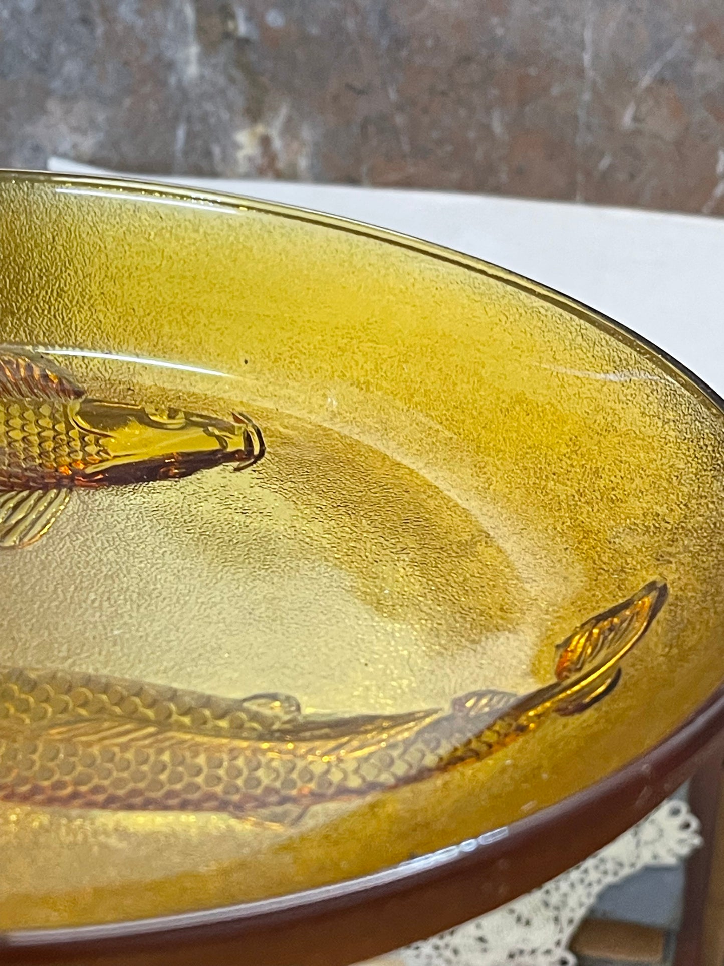 Vintage Amber Glass Plate with Koi Fish Relief – 23 cm