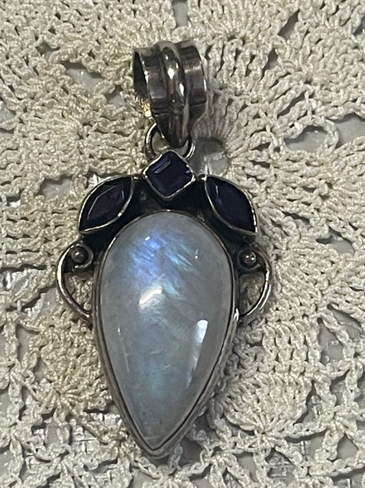Vintage Moonstone & Iolite 925 Silver Pendant – 5 cm
